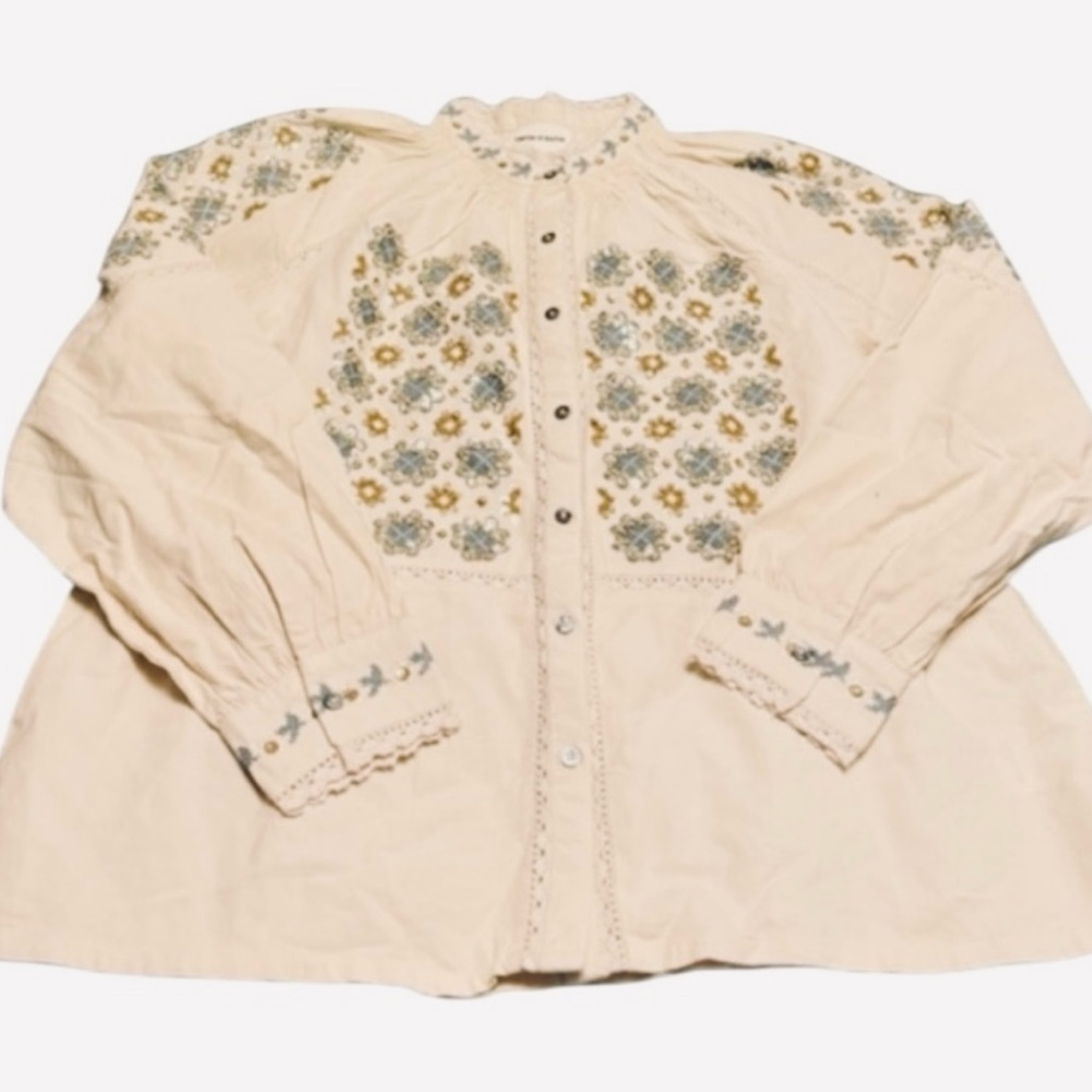 Antik Batik Cream Blouse with Blue and Gold Embroidery Blouse - Picture 2 of 2
